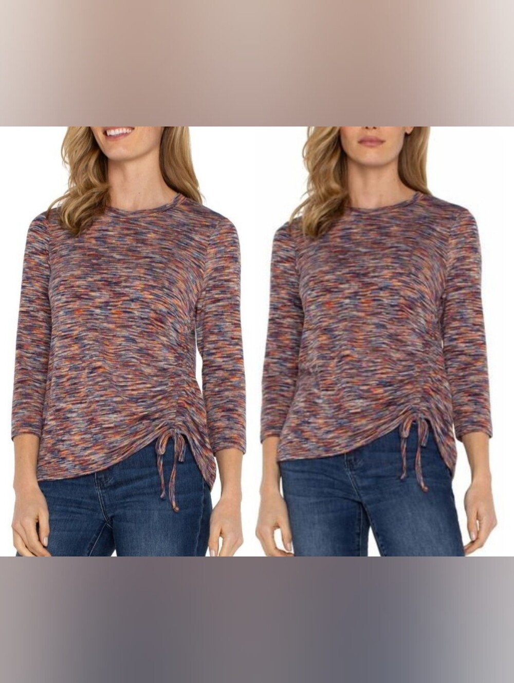 Liverpool Multicolor Striped Ruched-Side Crewneck Top
